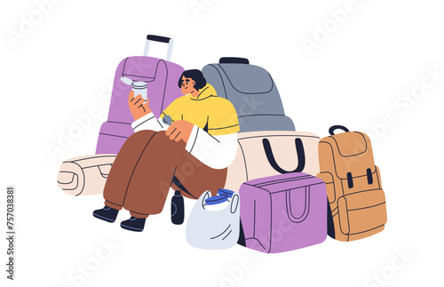 Refugee with baggage. Poor homeless migrant sitting among bags with property, eating food. Sad immigrant with luggage, suitcases, belongings. Flat vector illustration isolated on white background