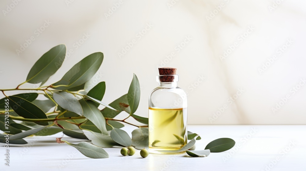 A bottle of eucalyptus essential oil, twigs of plants on a light background, a place for text. A bottle of eucalyptus essential oil, twigs of plants on a light background, a place for text.