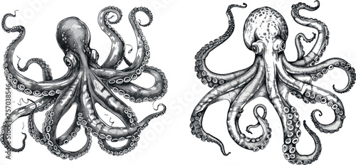 Octopus tentacles engraving. Isolated detailed monster feelers, giant aquatic elements