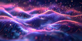 3D render abstract futuristic background with waves   purple and blue glowing particles and dots, Wavy pattern of metallic mesh texture. geometry shapes data connetion tranfer.banner
