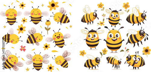 Funny yellow bee characters, hand drawn flying honey bees isolated vector illustration icons set