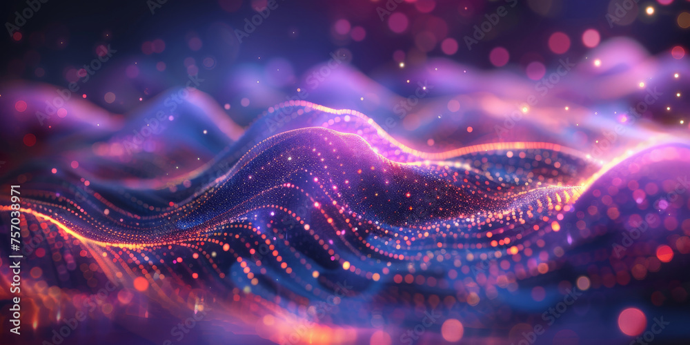 3D render abstract futuristic background with waves   purple and blue glowing particles and dots, Wavy pattern of metallic mesh texture. geometry shapes data connetion tranfer.banner - obrazy, fototapety, plakaty 
