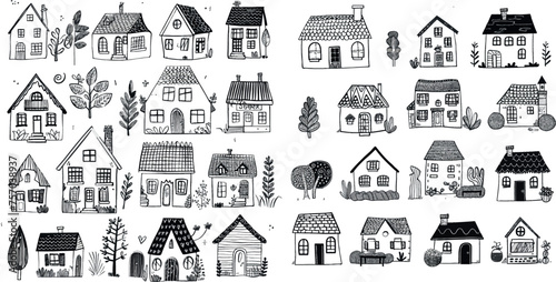 Minimalist line art cottage, vintage country house and sweet home vector doodle illustration set