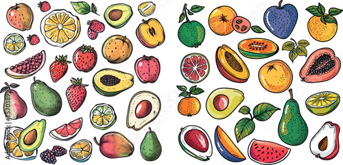 Fototapeta Naklejka Na Ścianę i Meble -  Doodle harvest, citrus, avocado and apple, natural vegan sweet summer fruits