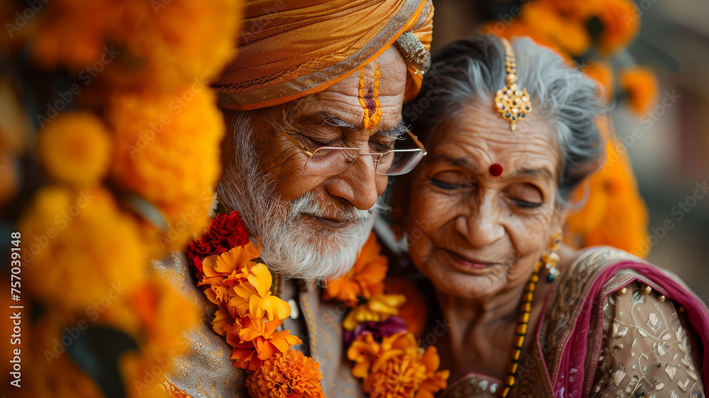 Elderly Indian couple in traditional attire.