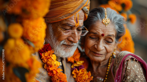 Elderly Indian couple in traditional attire.
