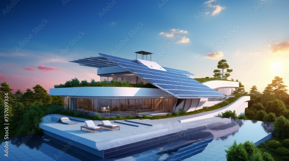 A futuristic eco-friendly house with solar panels on the roof and lush greenery around, situated on a cliff surrounded by forest and mountains