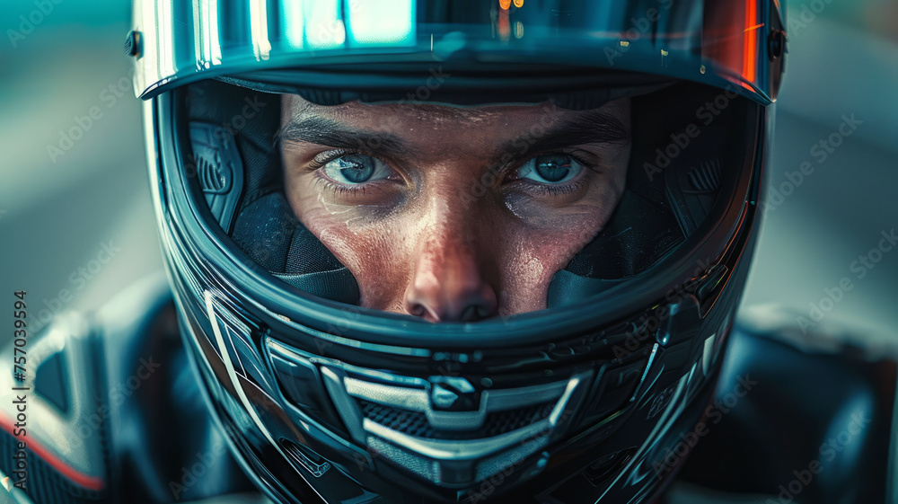 Close-up of a motorcyclist wearing helmet