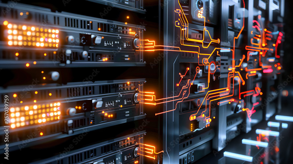 Modern Datacenter with Server Racks, High-Tech Networking and Computing Equipment in a Secure Room, Technology and Connectivity Modern Datacenter with Server Racks, High-Tech Networking and Computing Equipment in a Secure Room, Technology and Connectivity