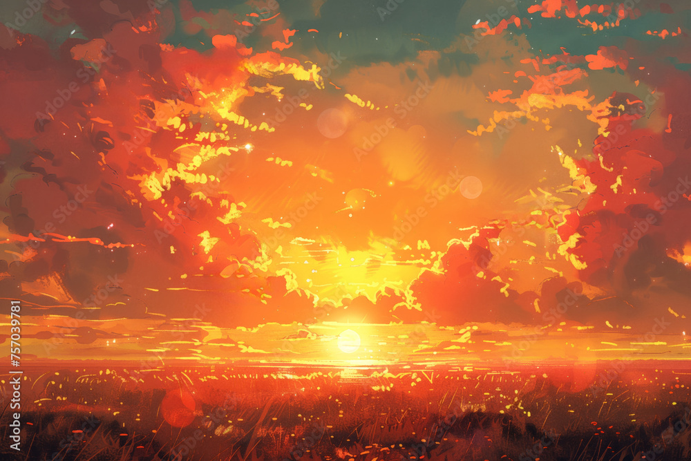 Vivid digital painting of a tranquil sunset with fiery clouds over a field, ideal as a vibrant background with ample space for text - obrazy, fototapety, plakaty 