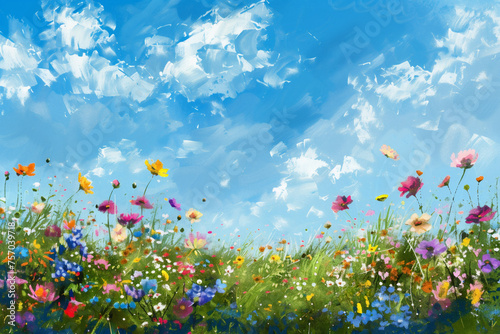 Colorful field of wildflowers against a vibrant blue sky with fluffy clouds, ideal springtime or nature background with copy space