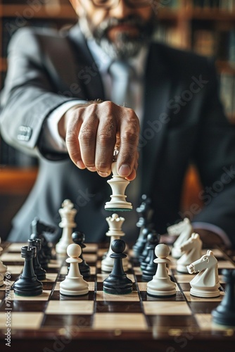 Businessman's hands moving chess pieces in a successful tournament. Management Strategy or Leadership Concept
