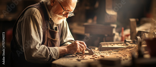 Elderly craftsman in glasses working with chisel while photo