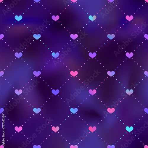 Cute neon gradient heart seamless pattern. Vector love hearts neon texture on violet gradient background. Valentines day wallpaper, trendy abstract minimal design.