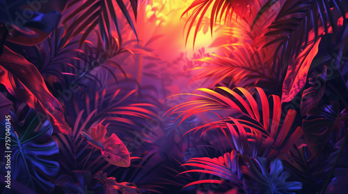 Vibrant tropical jungle background with neon lit foliage and space for text, ideal for summer or nature-themed designs and advertisements