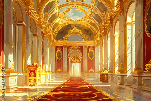 Opulent baroque-style palace interior with grand hall  ornate golden decorations  and luxurious red carpet  perfect for historical and architectural concepts  with copy space for text