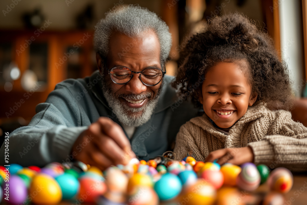 Obraz premium African American grandfather with granddaughter painting Easter eggs at home, preparing for Easter