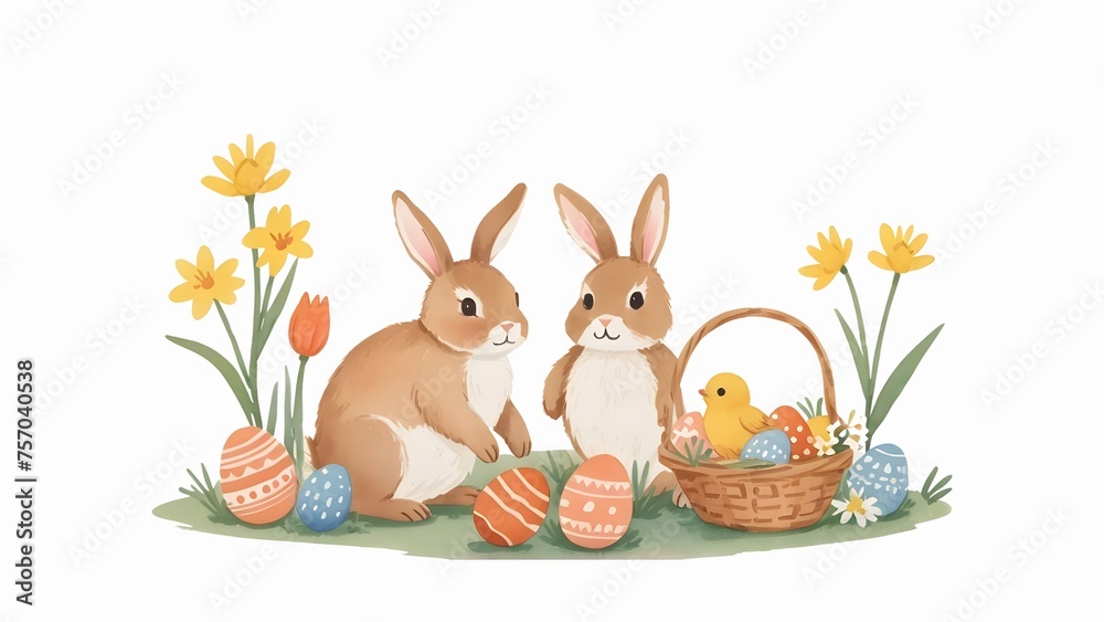 Obraz premium Easter bunnies with chick in basket and flowers isolated on white background. Watercolor illustration for design, greeting card, template, wallpaper, artwork, banner