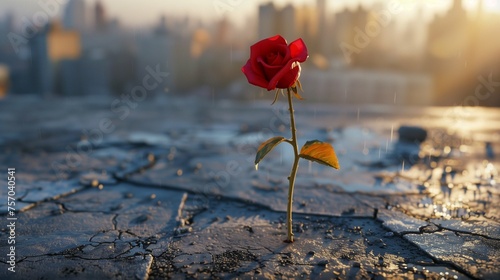 In the heart of a bustling city, a single rose blooms amidst a sea of concrete and steel.