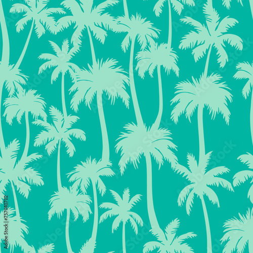 Palm trees seamless pattern. Vector turquoise tropical jungle texture on green background. Abstract palm silhouettes summer print for textile, exotic wallpapers, wrapping, fabric