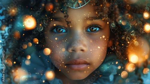 A mystical portrait of a young girl with sparkling lights.