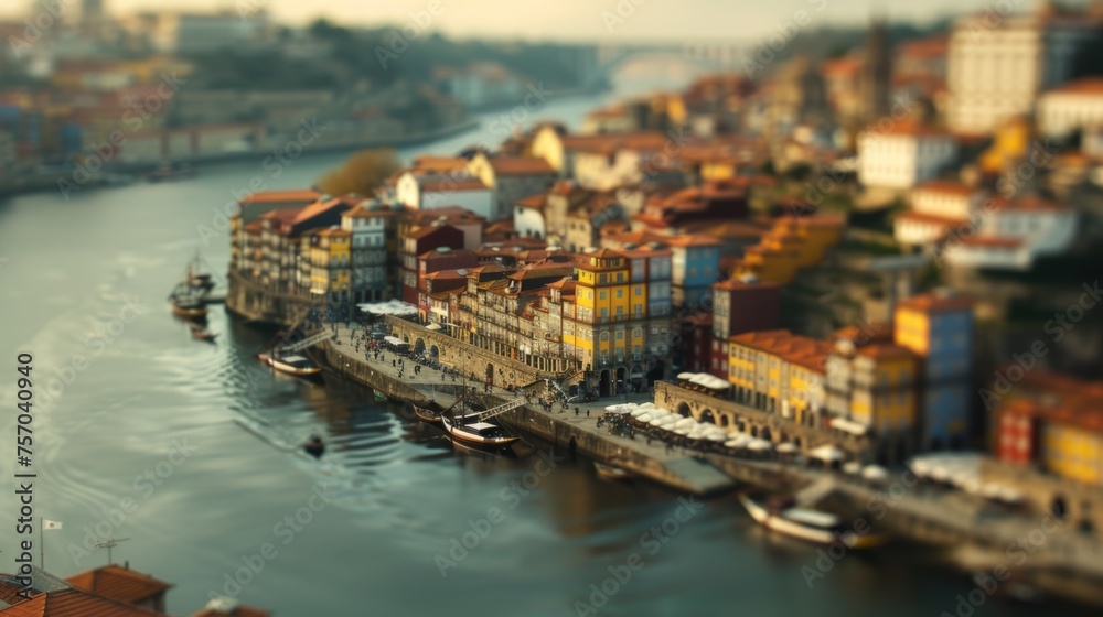 Tilt-shift photography of the Porto. Top view of the city in postcard style. Miniature houses, streets and buildings