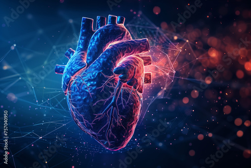 Detailed digital illustration of a human heart with glowing effects, ideal for medical presentations or educational materials, set against a dark space-inspired background with room for text