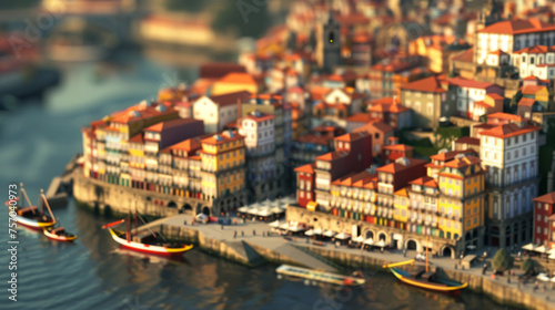 Tilt-shift photography of the Porto. Top view of the city in postcard style. Miniature houses, streets and buildings © Vladimir
