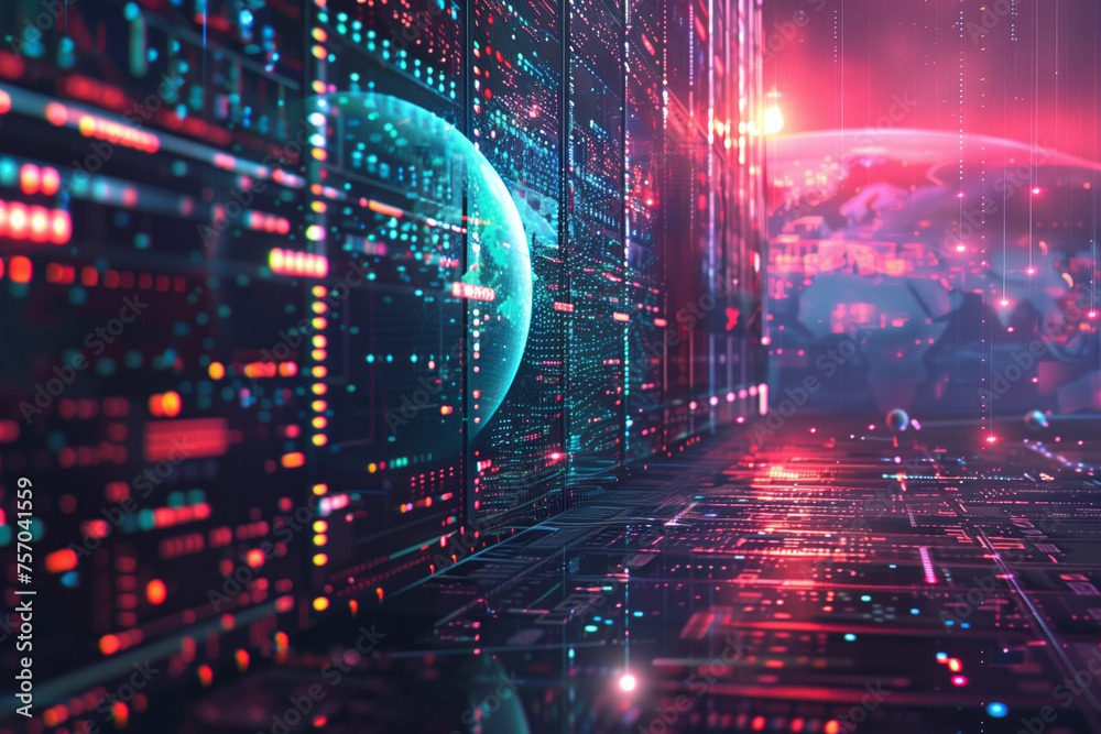 Abstract technology background with a 3D digital globe, server room and glowing neon lights, depicting futuristic data center or network connectivity concepts, with copy space