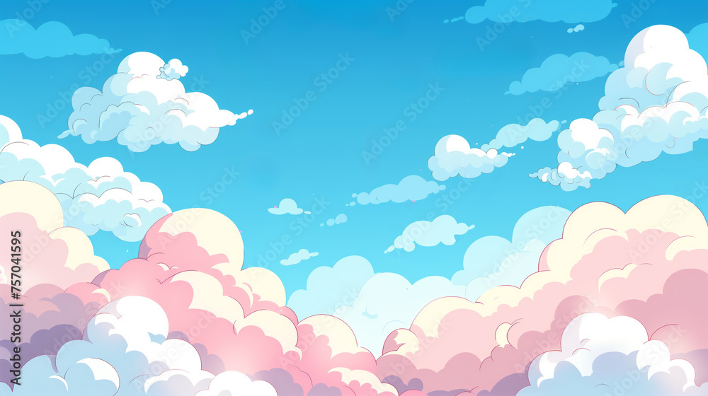 Pastel-colored cartoon clouds on a serene blue sky background, ideal for children's books, animated content, or whimsical designs with ample space for text overlay