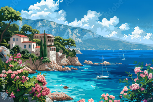 Idyllic Mediterranean coastline with traditional villas among lush gardens, sailboats on azure waters, and mountains in the background, ideal for travel and vacation themed designs with space for text