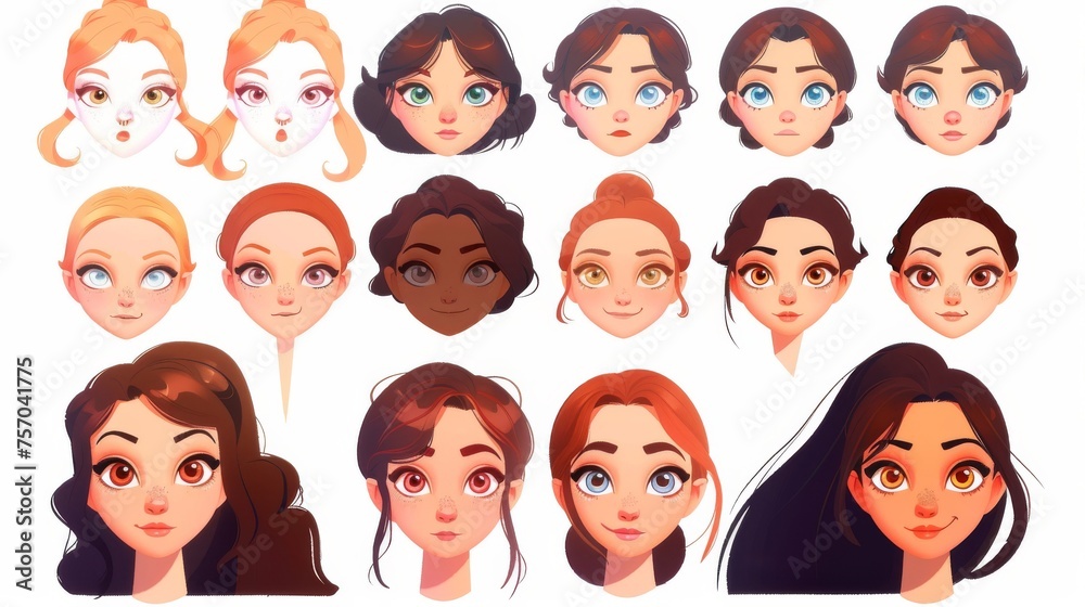 Modern of girl head elements set for emotion generator. Woman face construction kit with cartoon facial parts for creating young female avatars. Modern of girl head elements set for emotion generator. Woman face construction kit with cartoon facial parts for creating young female avatars.