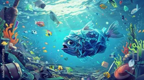 Plastic pollution in the ocean - sad scared fish trapped in polyethylene bag floats on dirty seabed strewn with garbage - plastic utensils, cans, barrels that contain hazardous chemicals.
