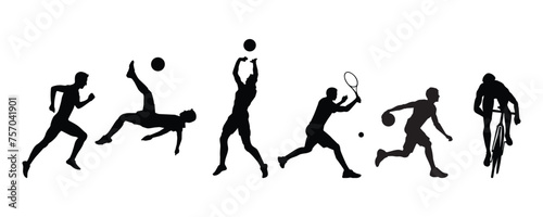 Sportsperson or athlete on white background. Silhouettes of people playing various sports, including football, basketball, volleyball, tennis, cycling, and running. Group vector illustration.