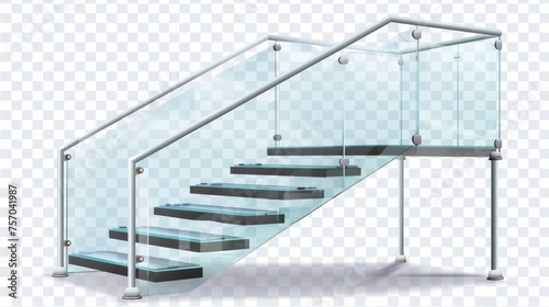 Modern realistic illustration of plexiglass fence on metal poles, 3D plastic barrier for balcony, home or office interior. Pictures of glass handrails isolated on a transparent background. photo