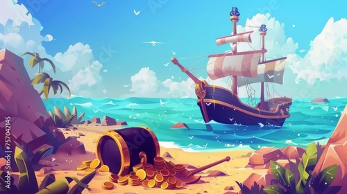 A black flagged ship landed and buried treasure. Cartoon barrel containing gold coins and diamond jewelry and a shovel on sand beach where corsair boat is floating. © Mark