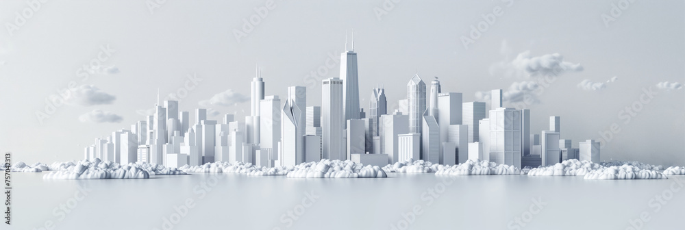 Abstract monochromatic cityscape with minimalist white buildings and clouds, ideal for modern background with ample copy space