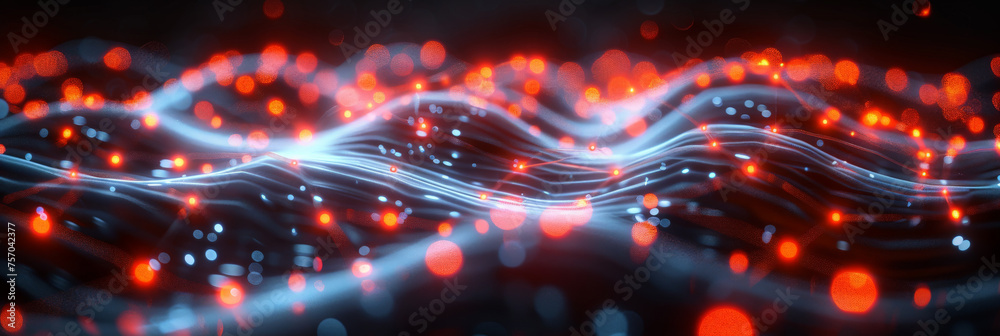 3D render of glowing network connections and neural networks on a black ...