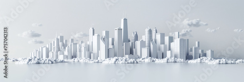 Abstract monochromatic cityscape with minimalist white buildings and clouds  ideal for modern background with ample copy space
