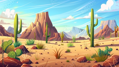 The Arizona desert is depicted with brown rock, sand dune hills, green cactus and grass, along with a dried tree on a sunny day. Illustration of a dry sandy terrain depicting wild cacti and grass.