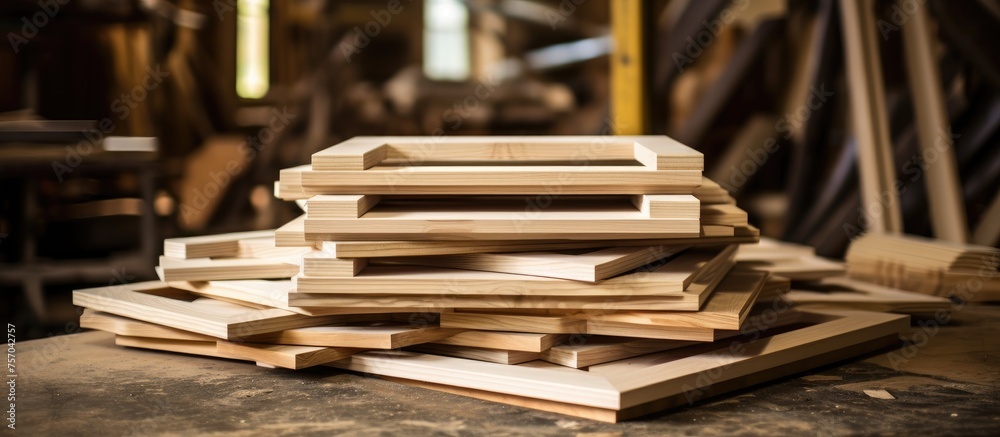 A stack of hardwood pieces arranged on a table, ready to be used for flooring or woodworking projects. The wood stain highlights the natural beauty of the grain
