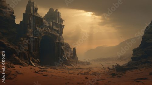 An ancient ruin in a mystical desert shrouded in myste photo