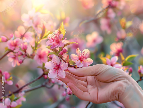 Hand with a branch on a background with flowers on a sunset spring day.