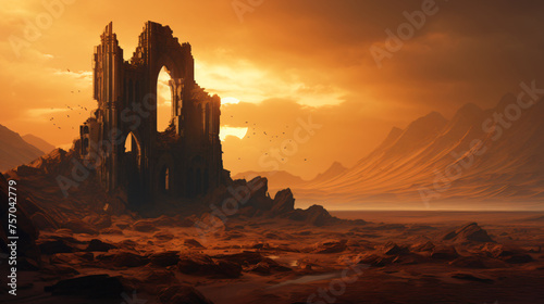 An ancient ruin in a mystical desert shrouded in myste photo