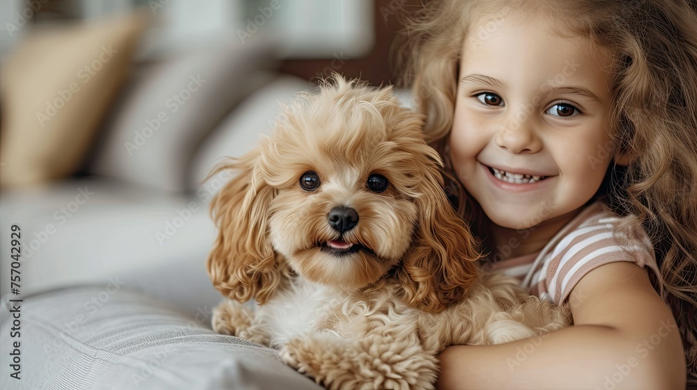 A young girl is holding a small dog on her lap A young girl is holding a small dog on her lap