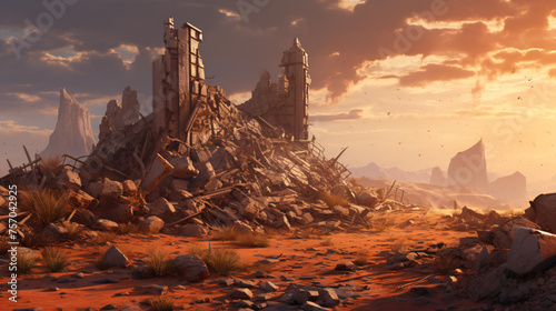An ancient ruin in a postpocalyptic wasteland with r