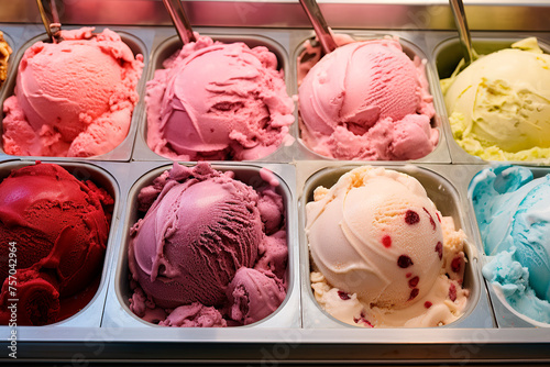 Colorful ice cream in a gelateria, showcasing rich textures and flavors.