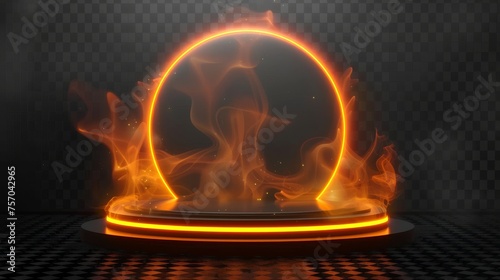This futuristic podium has an orange light portal effect on a transparent background. Image of sci-fi game teleportation with hot smoke, shimmering particles, and alien space station.