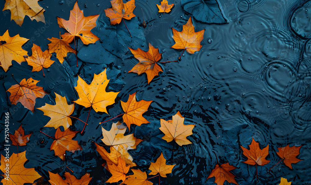 Autumn background. bright yellow-orange fallen maple leaves in water, Generative AI Autumn background. bright yellow-orange fallen maple leaves in water, Generative AI