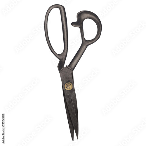 Tailor's scissors for cutting and sewing. Working tool for seamstress, dressmaker, designer. Watercolor illustration on isolated white background